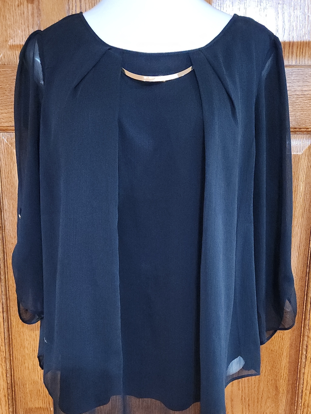 Roz & Ali Black Sheer Overlay Blouse with Gold Accent 2x